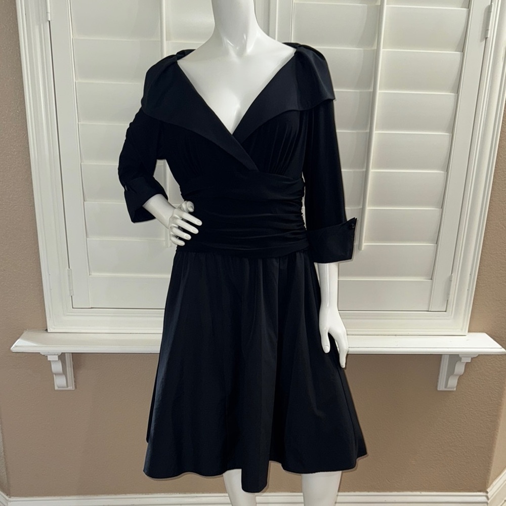 Eliza J Jersey Taffeta 3/4 Sleeve Portrait Collar Ruched A-Line
Midi Dress